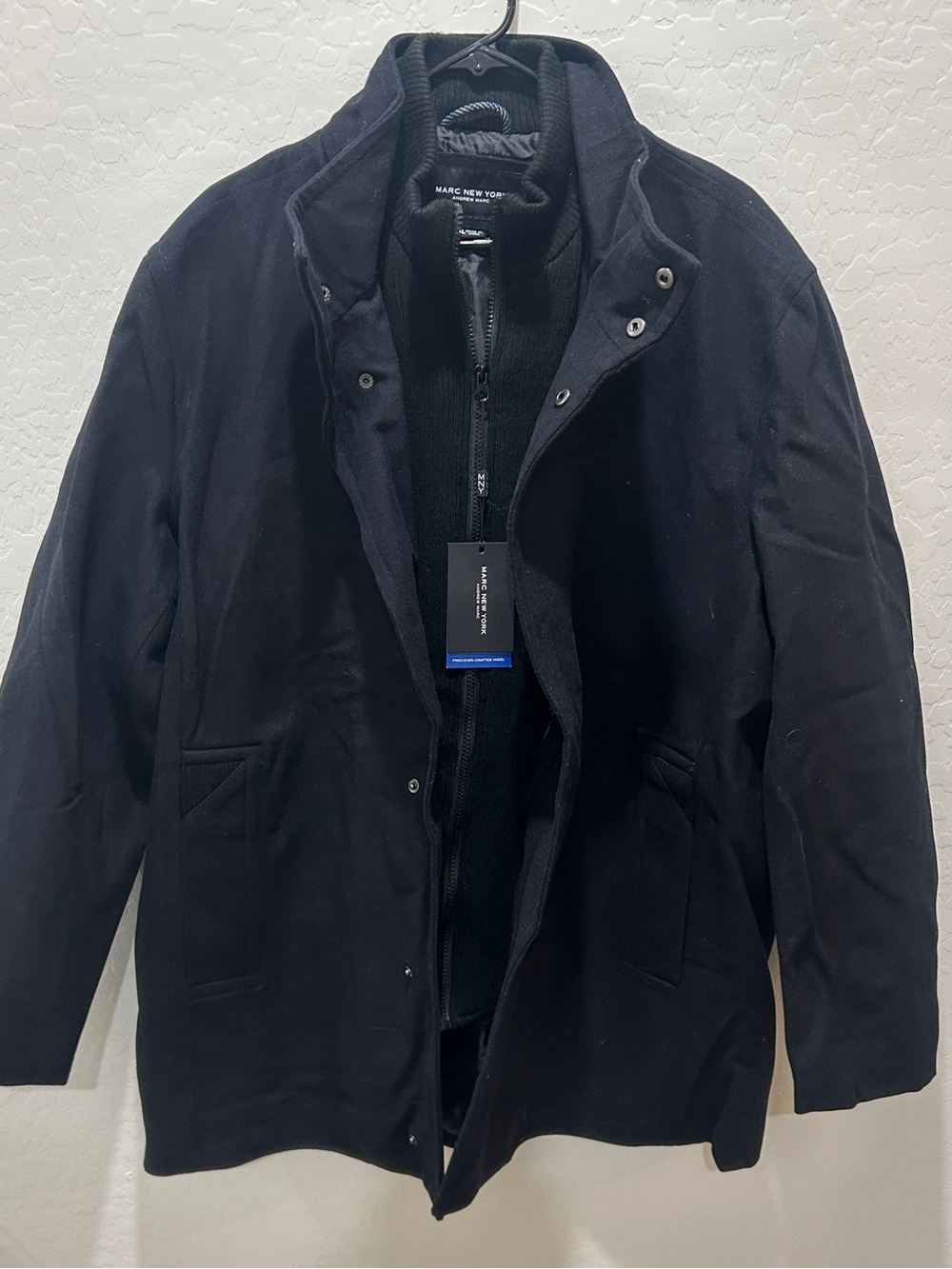 Marc New York Black Wool-Blend Pea Coat with Inner Zip Layer